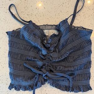 American Threads Navy Ruffle Tie-Front Crop Smock Camisole M